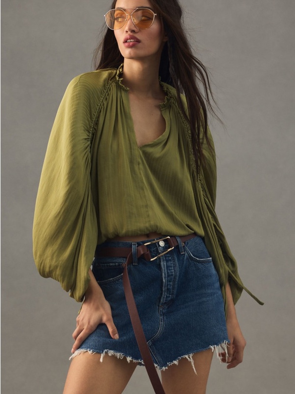 Anthropologie Ruched Peasant Blouse in Moss